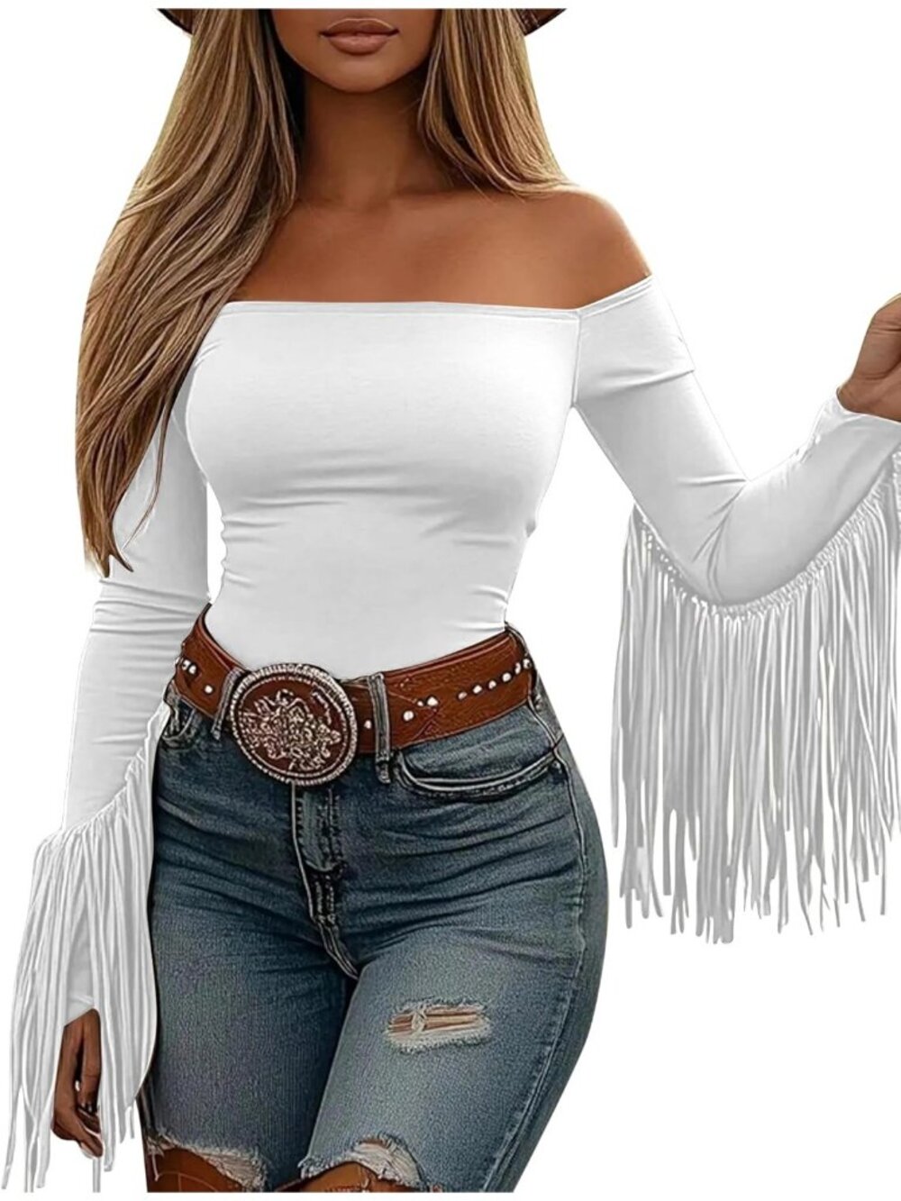 Women's White Stretchy Crop Off Shoulder Concert Cowgirl Fringe Tassel Blouses